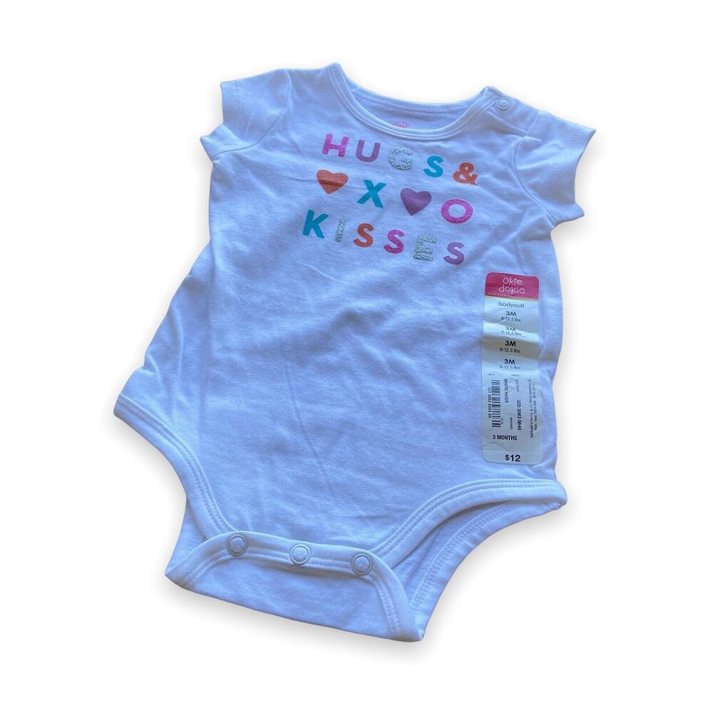 Okie Dokie Girls Bodysuit Size 3 Months White Hugs & Kisses X's O's Cotton NEW